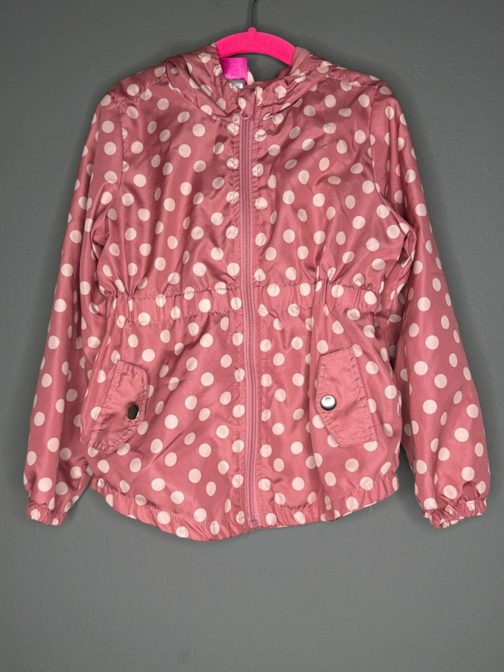 Disney Minnie Mouse Girls 6 Pink Hooded Ears Bow Rain Jacket Windbreaker Polka D